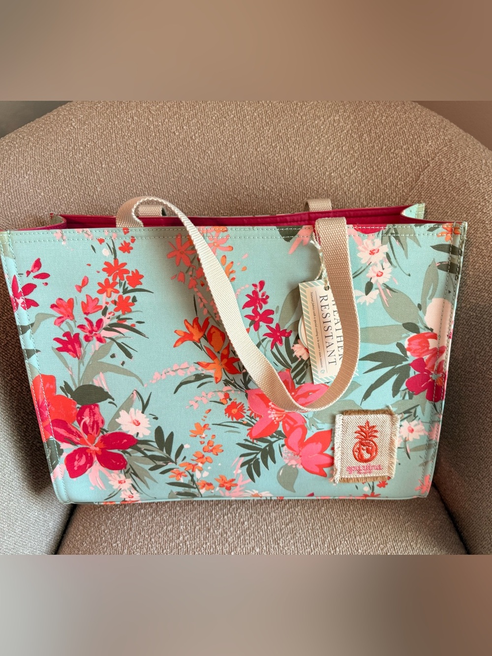 Spartina Floral Tote Bag in Aqua with Pink Accents